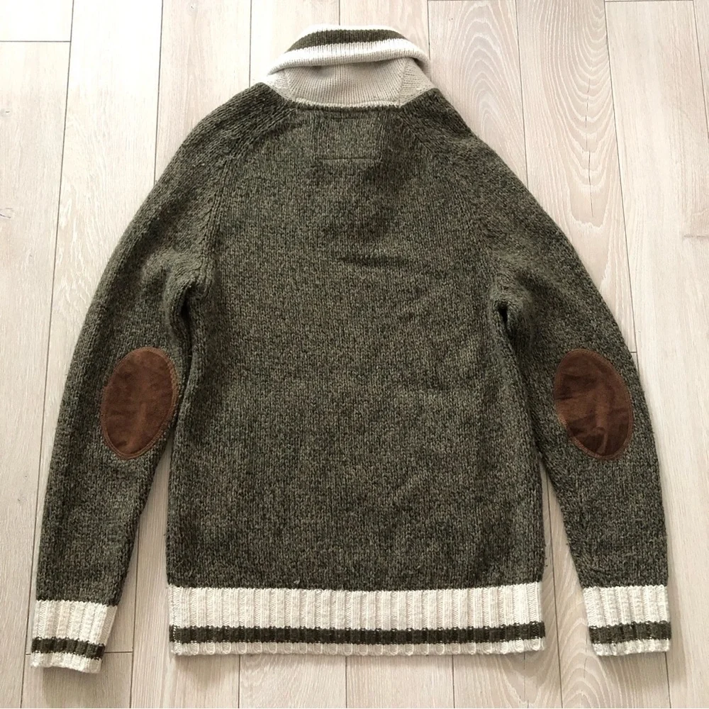 Roots Cabin Wool Blend Shawl Neck Elbow Patch Marled Sweater in Green Size S - Picture 8 of 12